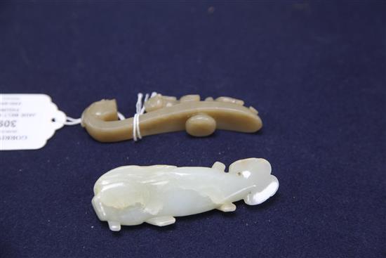 A Chinese jade belt hook and a Chinese jade figure of a cat fish, 19th and 20th century, 9.5cm